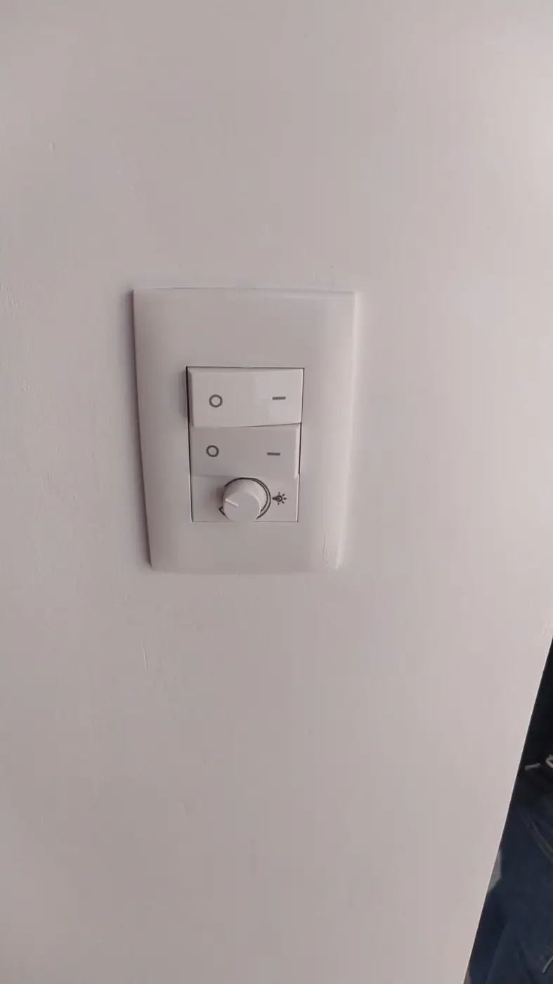 Llaves de luz y regulador de intensidad instalados en una pared