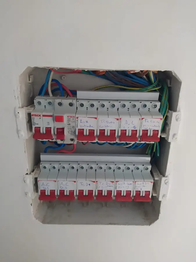 Tablero en obra con circuitos etiquetados de luz, tomas y aire acondicionado